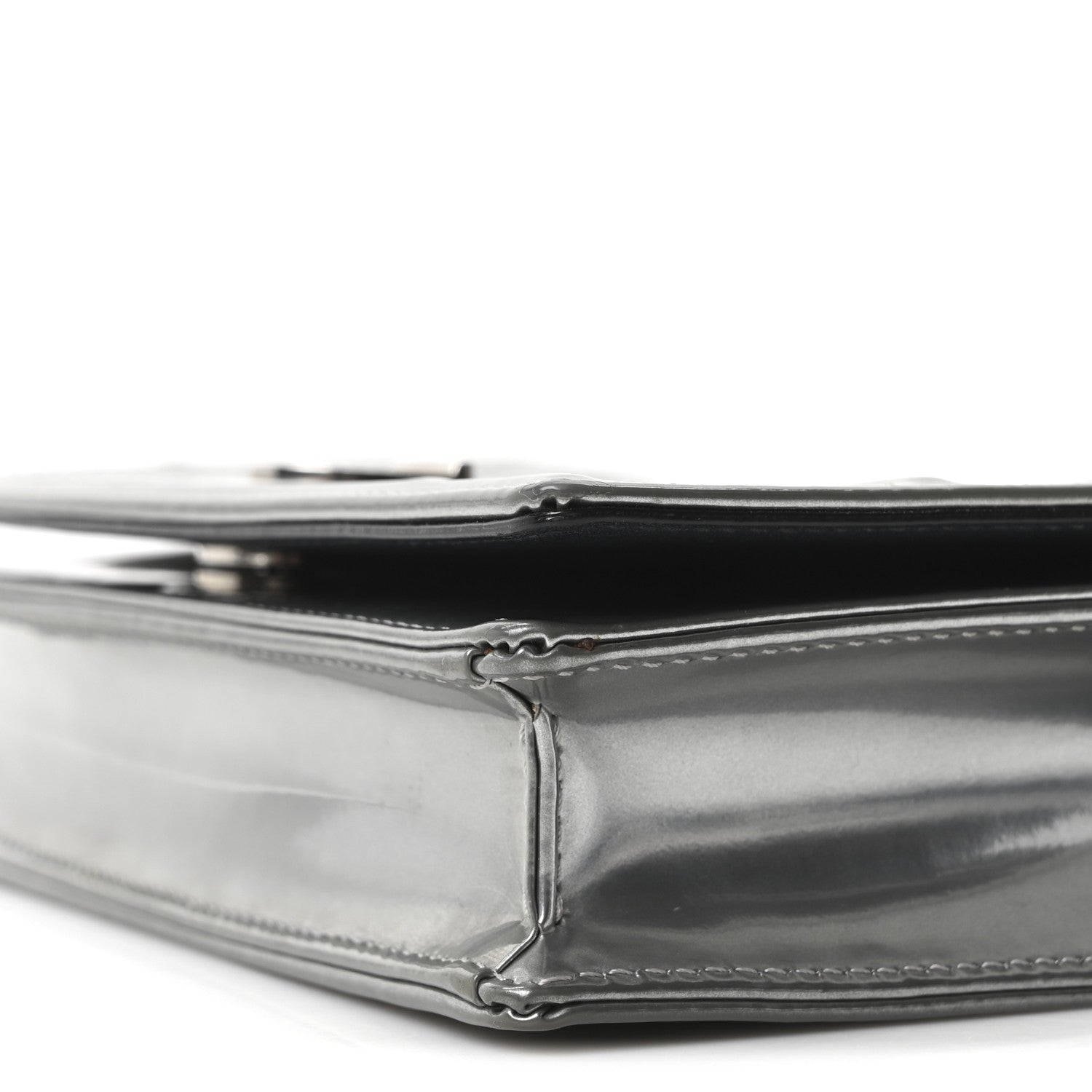 Metallic Patent Micro-Cannage Diorama Wallet on Chain Pouch Silver