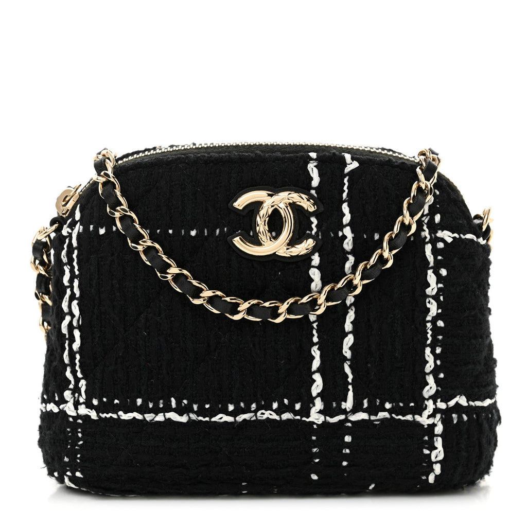 Tweed Quilted Mini Clutch With Chain Black White