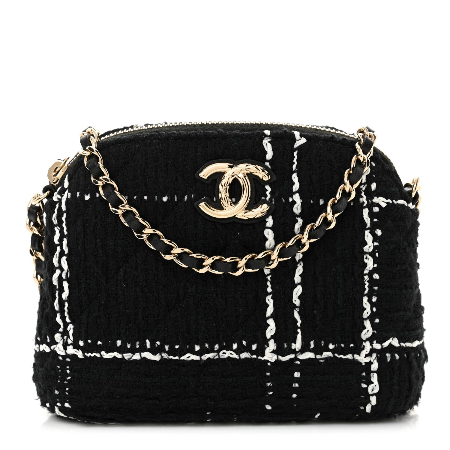 Tweed Quilted Mini Clutch With Chain Black White