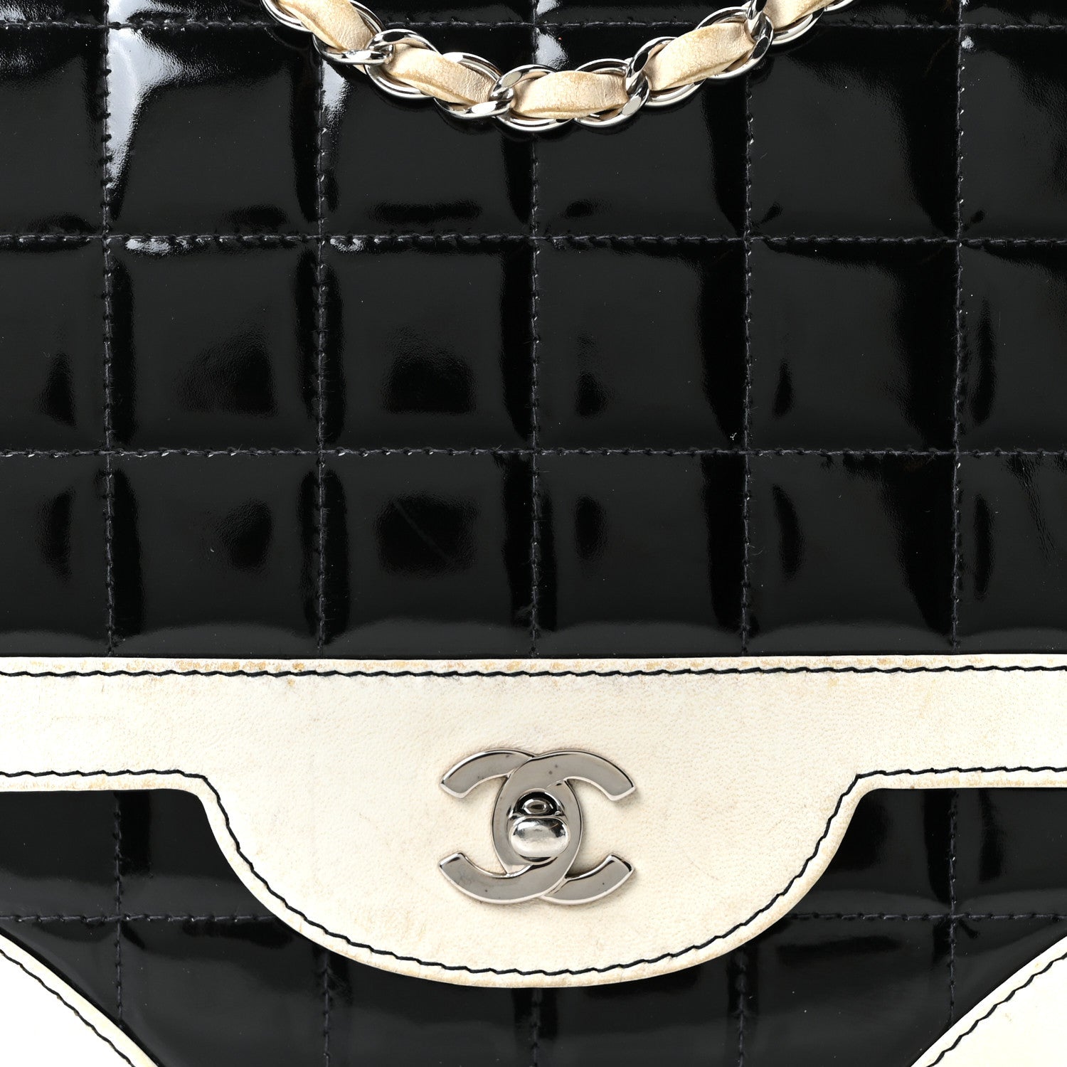 Lambskin Patent Chocolate Bar Flap Black White