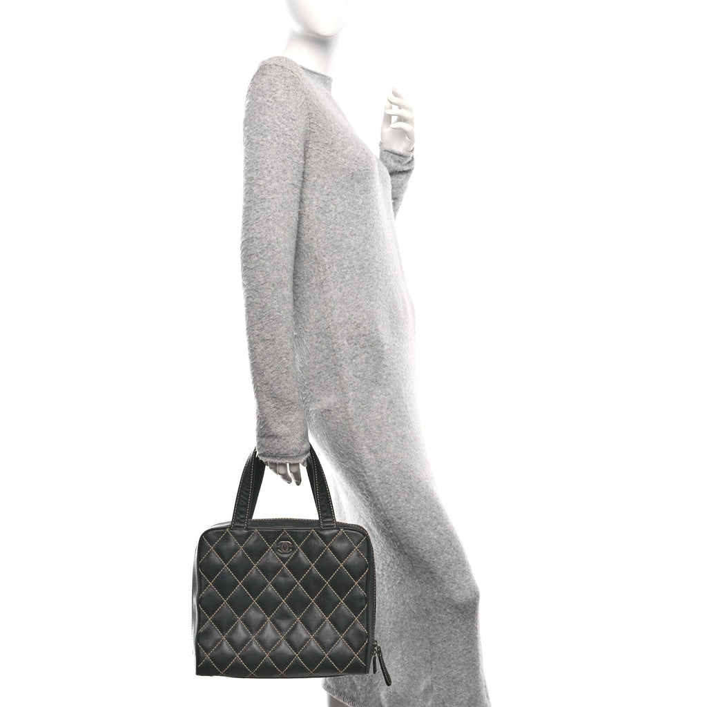 Calfskin Wild Stitch Vertical Top Handle Bag Black