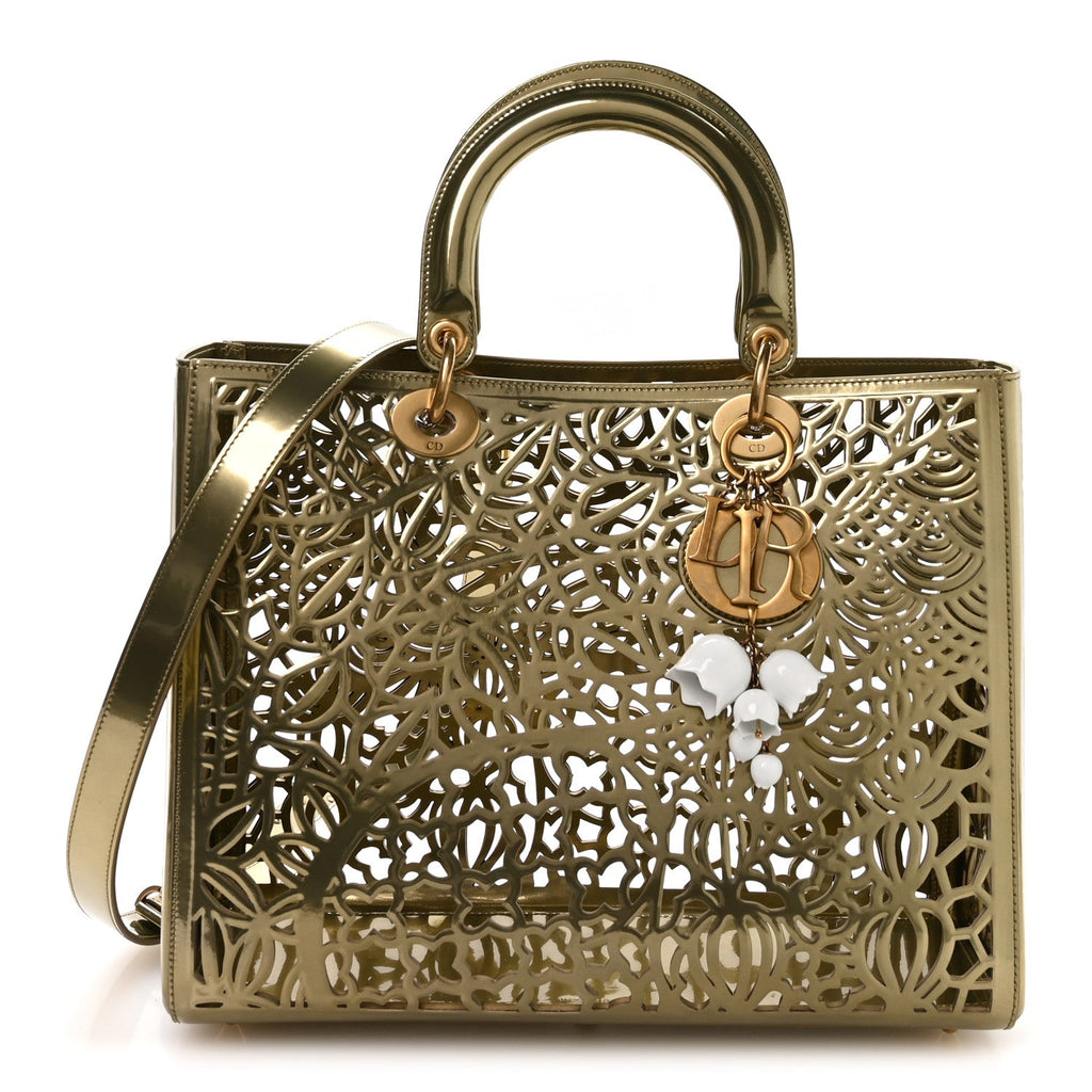 X DAVID WISEMAN Metallic Calfskin Laser Cut Large Lady Dior Gold