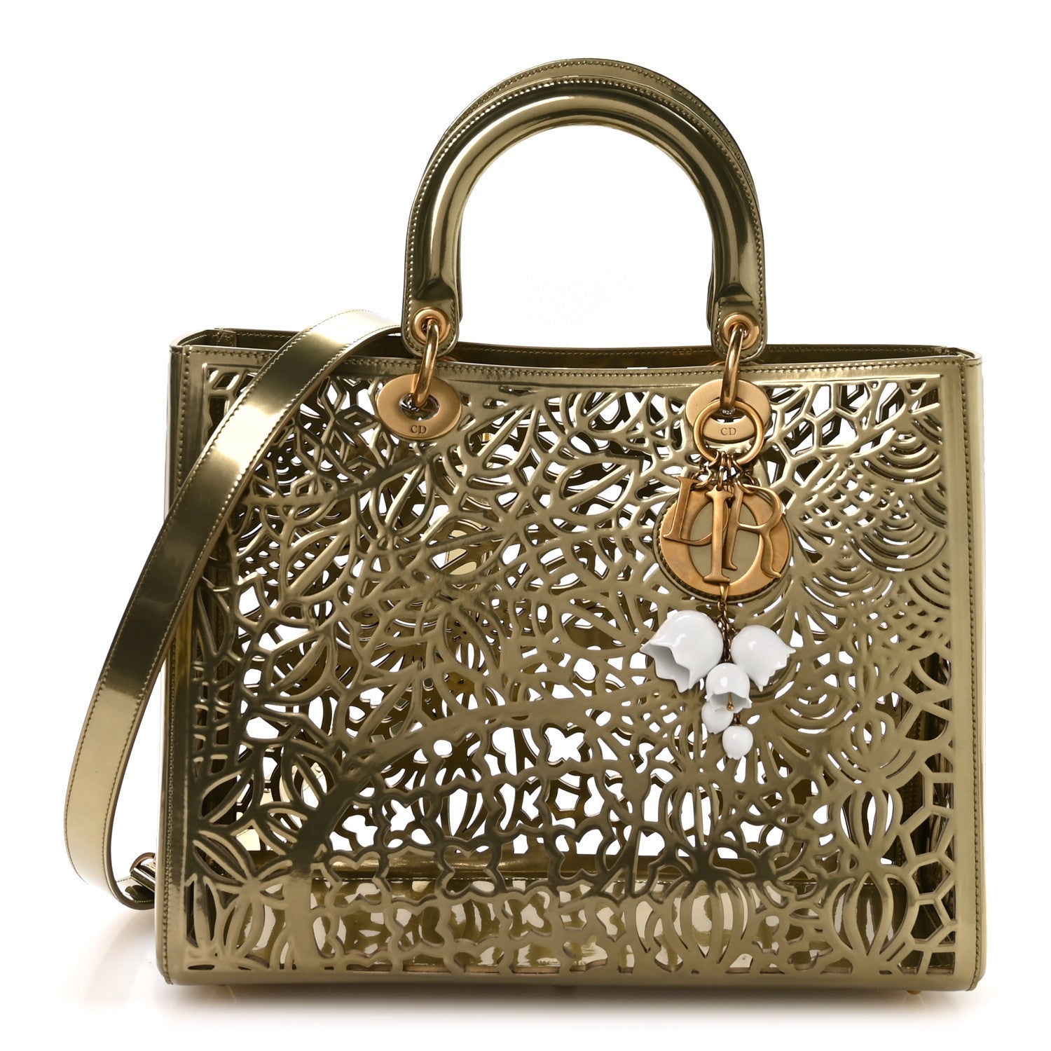 X DAVID WISEMAN Metallic Calfskin Laser Cut Large Lady Dior Gold