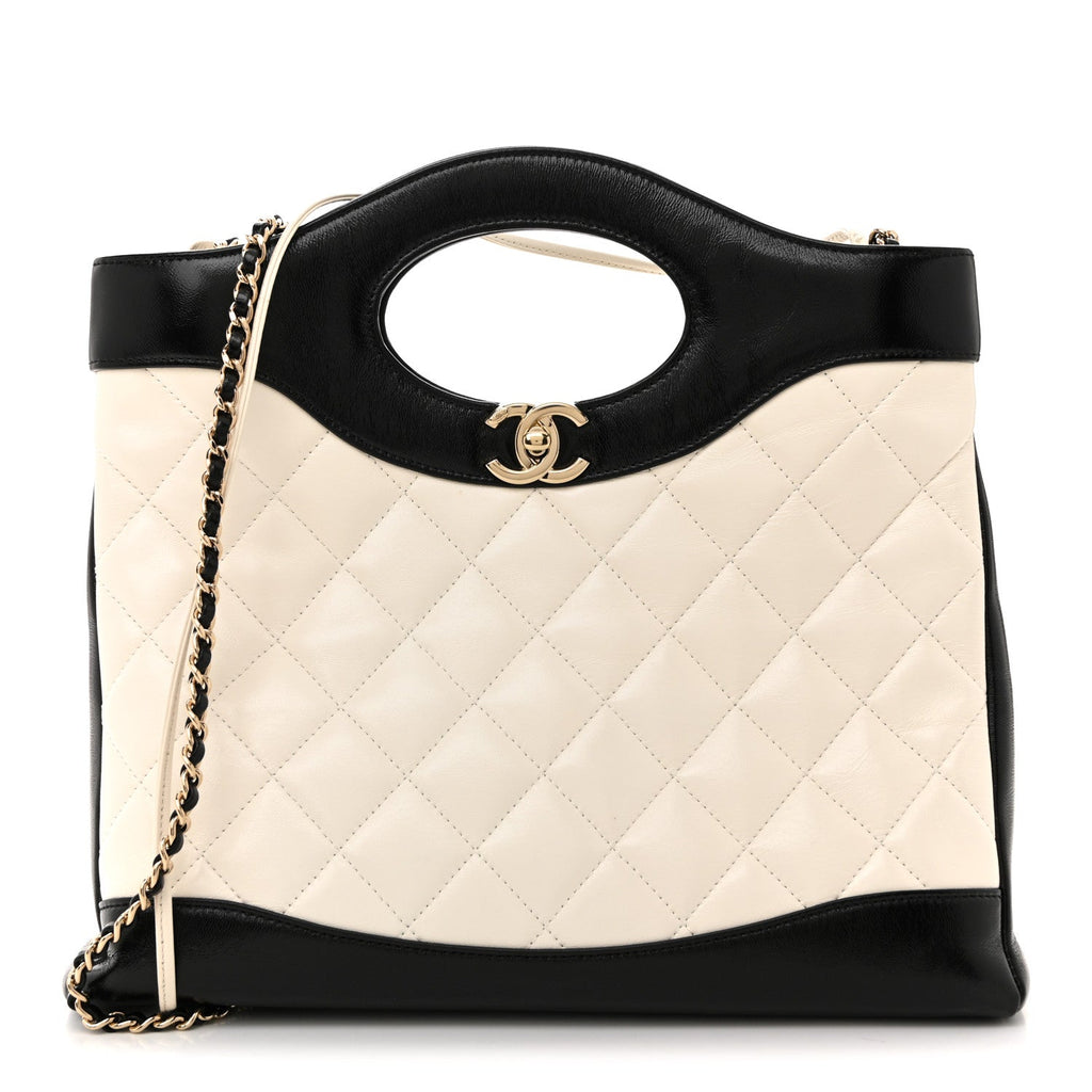 Patent Calfskin Quilted Mini 31 Shopping Bag White Black