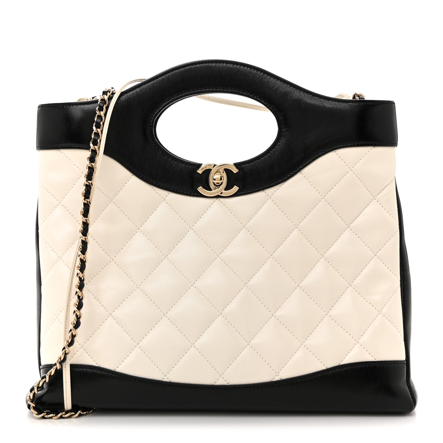 Patent Calfskin Quilted Mini 31 Shopping Bag White Black