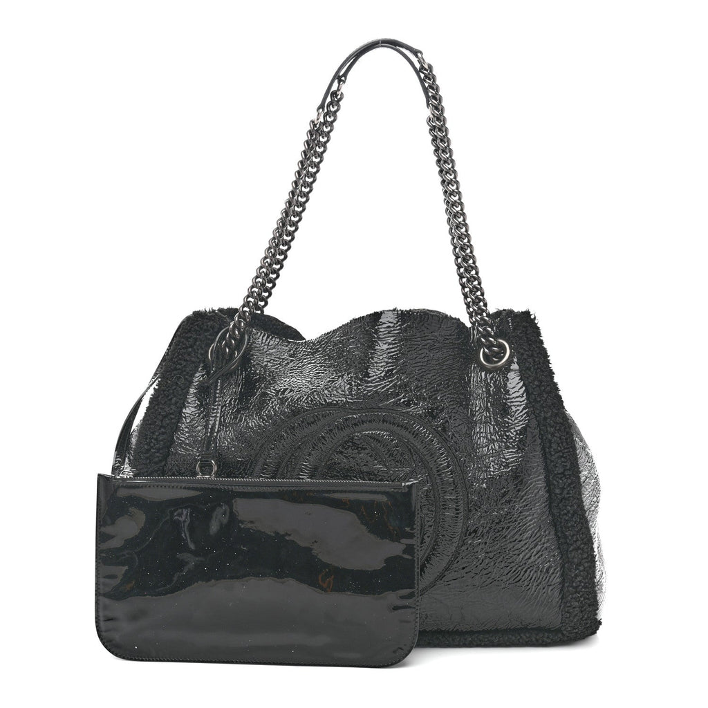 Patent Shearling Medium Soho Chain Shoulder Bag Black