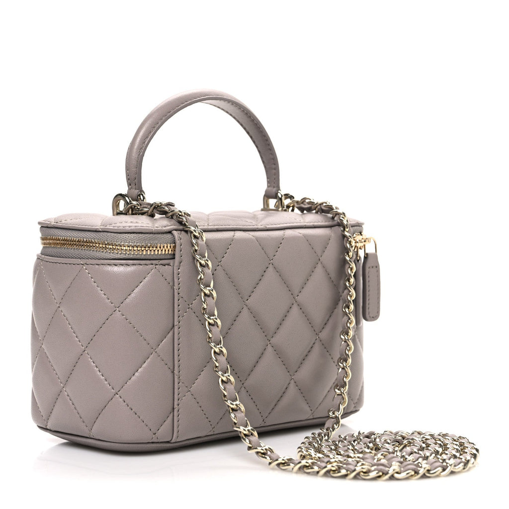 Lambskin Quilted Small Top Handle Vanity Case With Chain Dark Grey