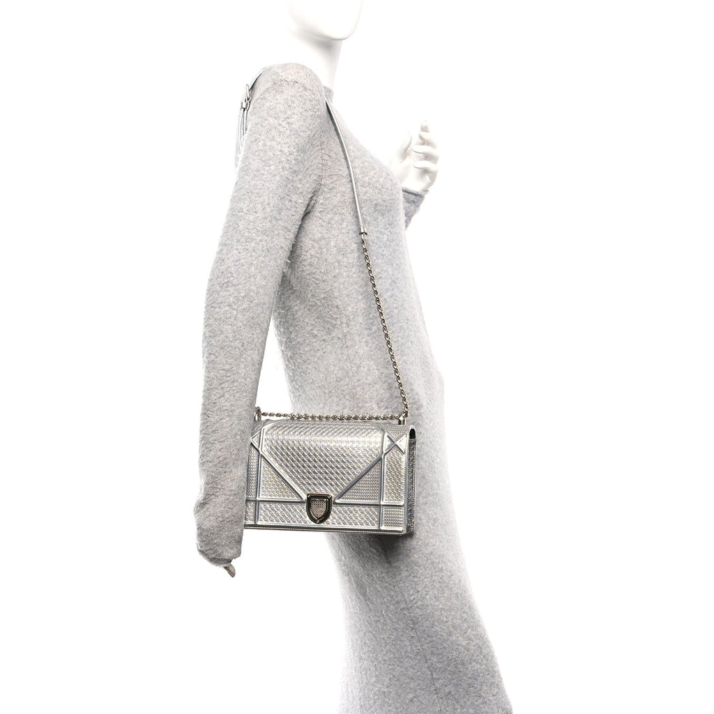 Metallic Patent Micro-Cannage Medium Diorama Flap Bag Silver