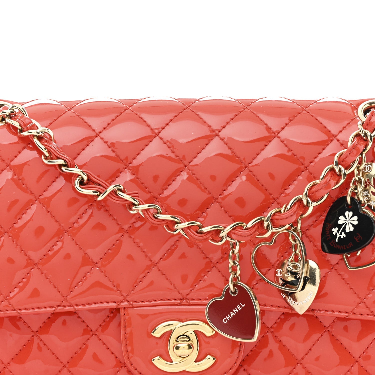 Patent Calfskin Quilted Valentine Charms Medium Single Flap Red