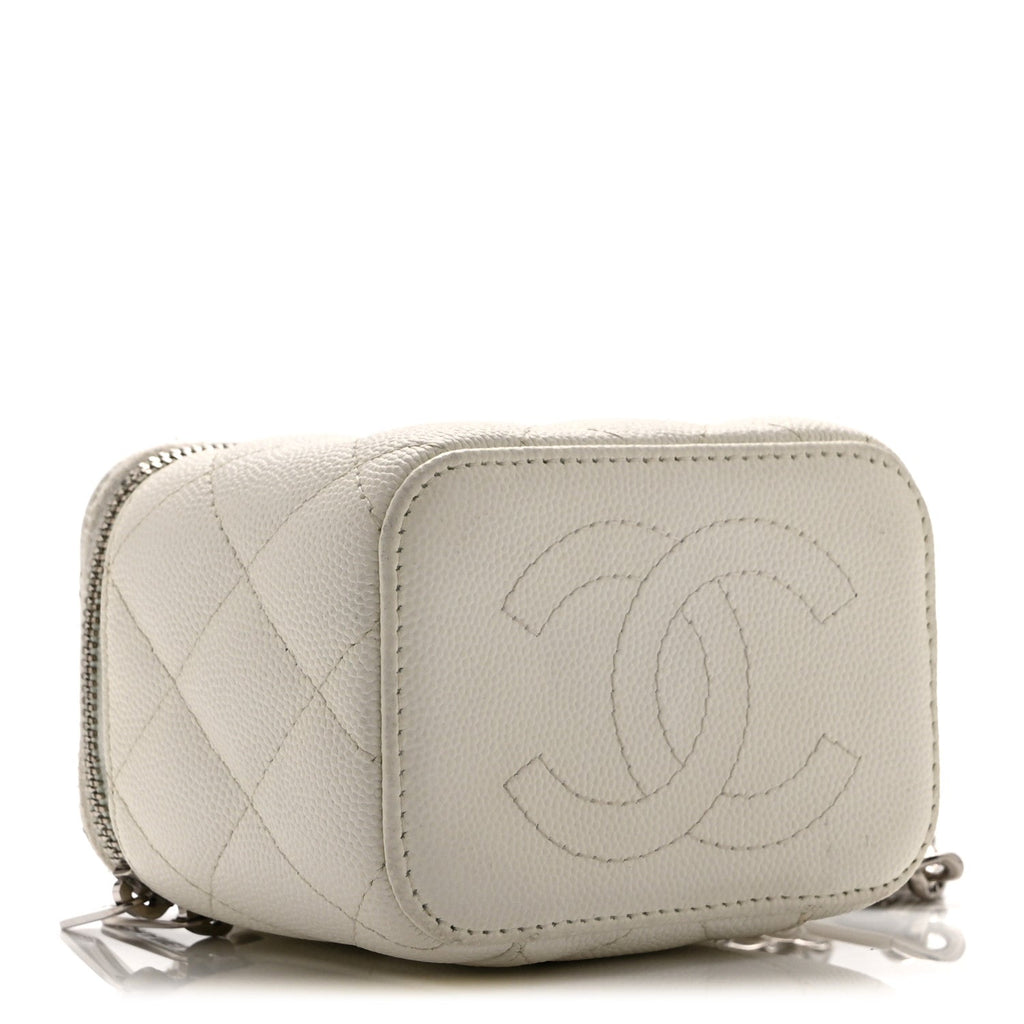 Caviar Quilted Enamel Coco Mini Vanity Case With Chain White