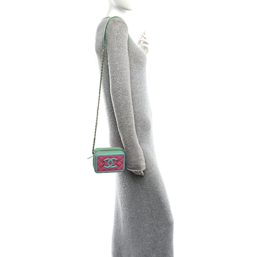 Caviar Quilted Filigree Vanity Clutch With Chain Pink Light Blue Green