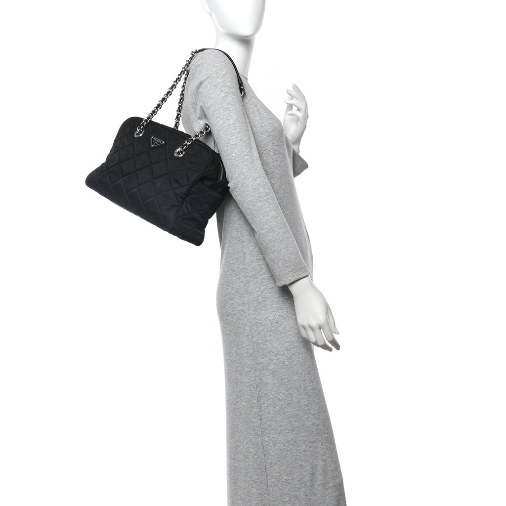 Nylon Tessuto Impuntu Quilted Shoulder Bag Black