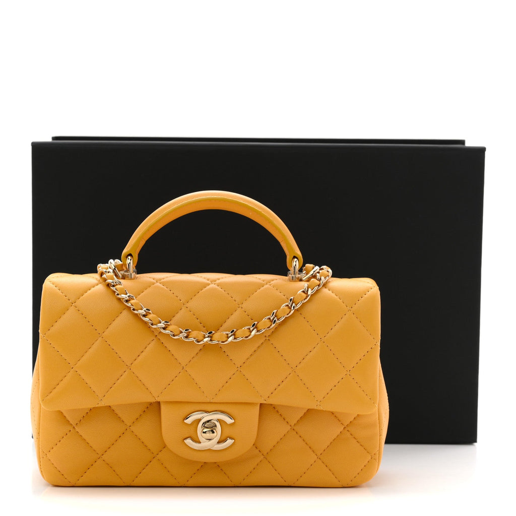 Lambskin Quilted Mini Top Handle Rectangular Flap Yellow
