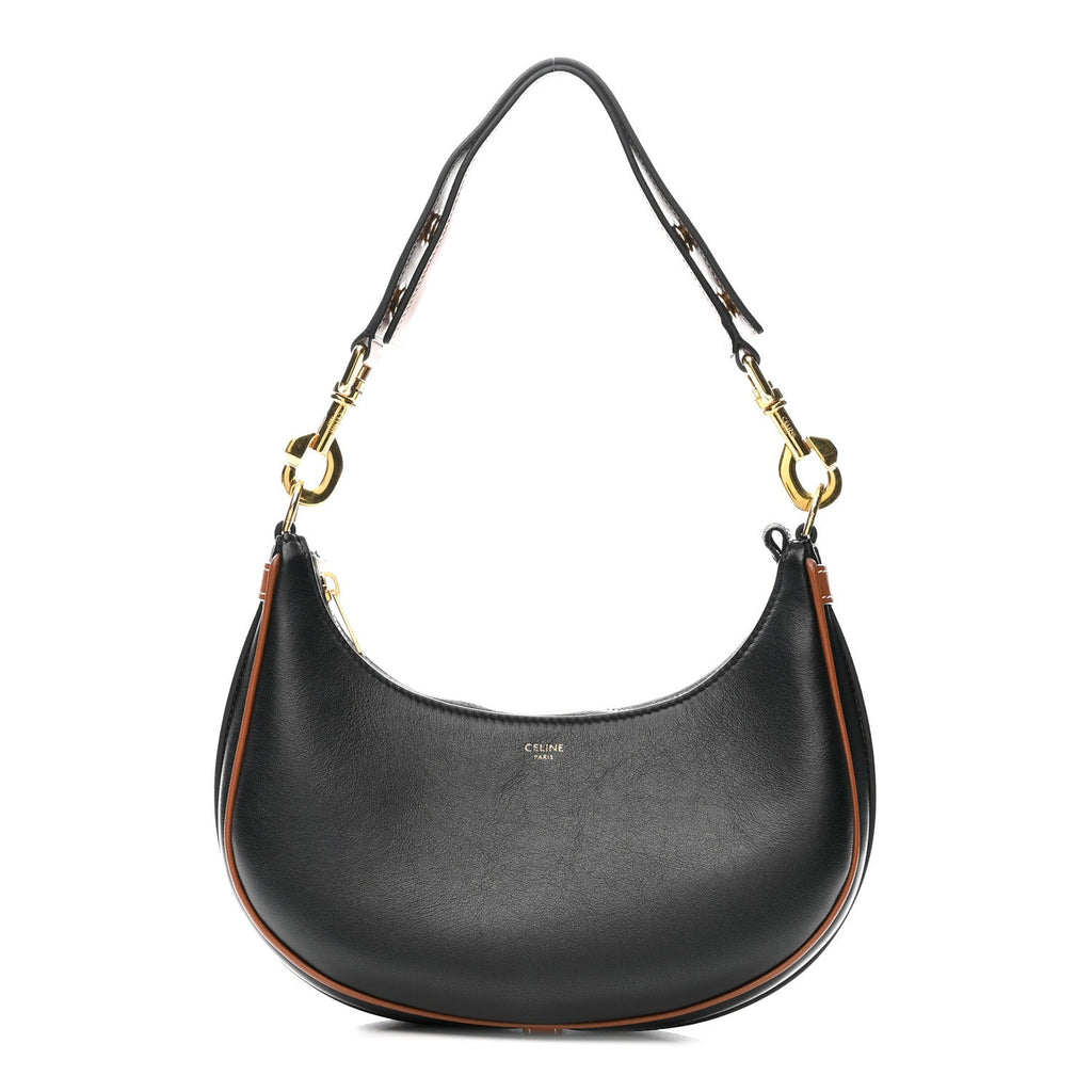 Smooth Calfskin Medium Strap Ava Shoulder Bag Black Tan