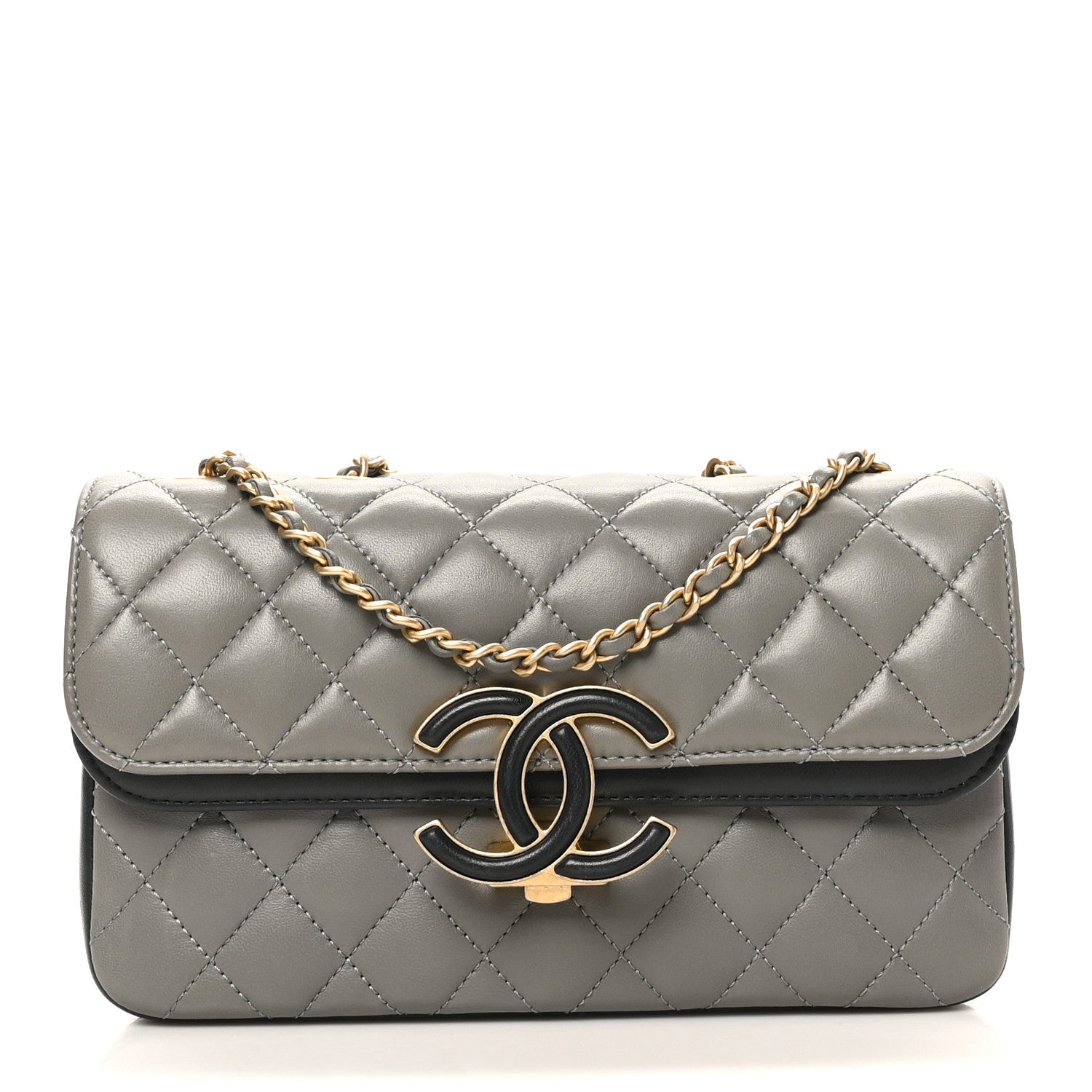 Lambskin Quilted Small CC Chic Flap Grey Dark Navy