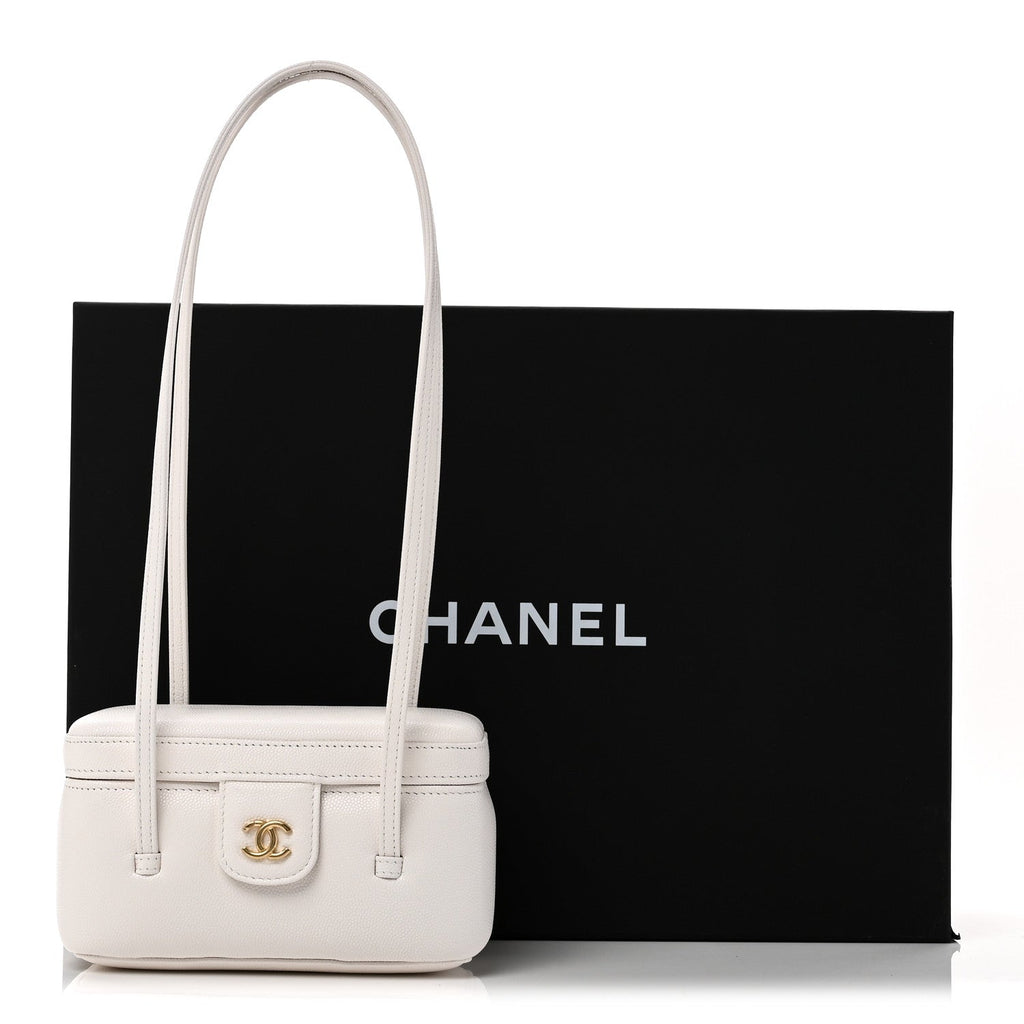 Shiny Caviar Preppy Coco Long Vanity With Strap White