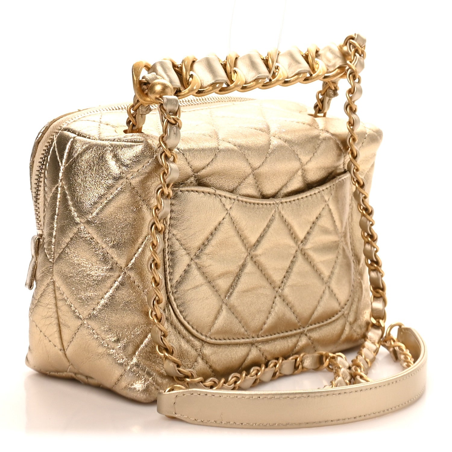 Metallic Lambskin Quilted Mini Bowling Bag Gold