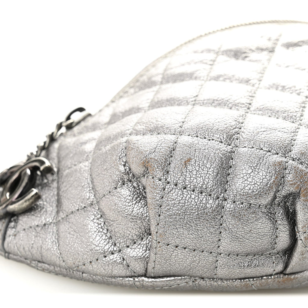 Metallic Calfskin Quilted Banane Waist Bag Fanny Pack Dark Silver