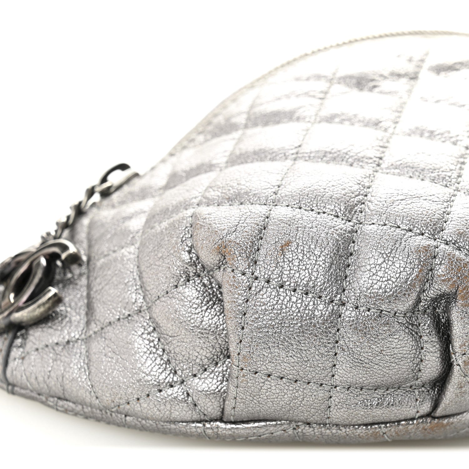 Metallic Calfskin Quilted Banane Waist Bag Fanny Pack Dark Silver