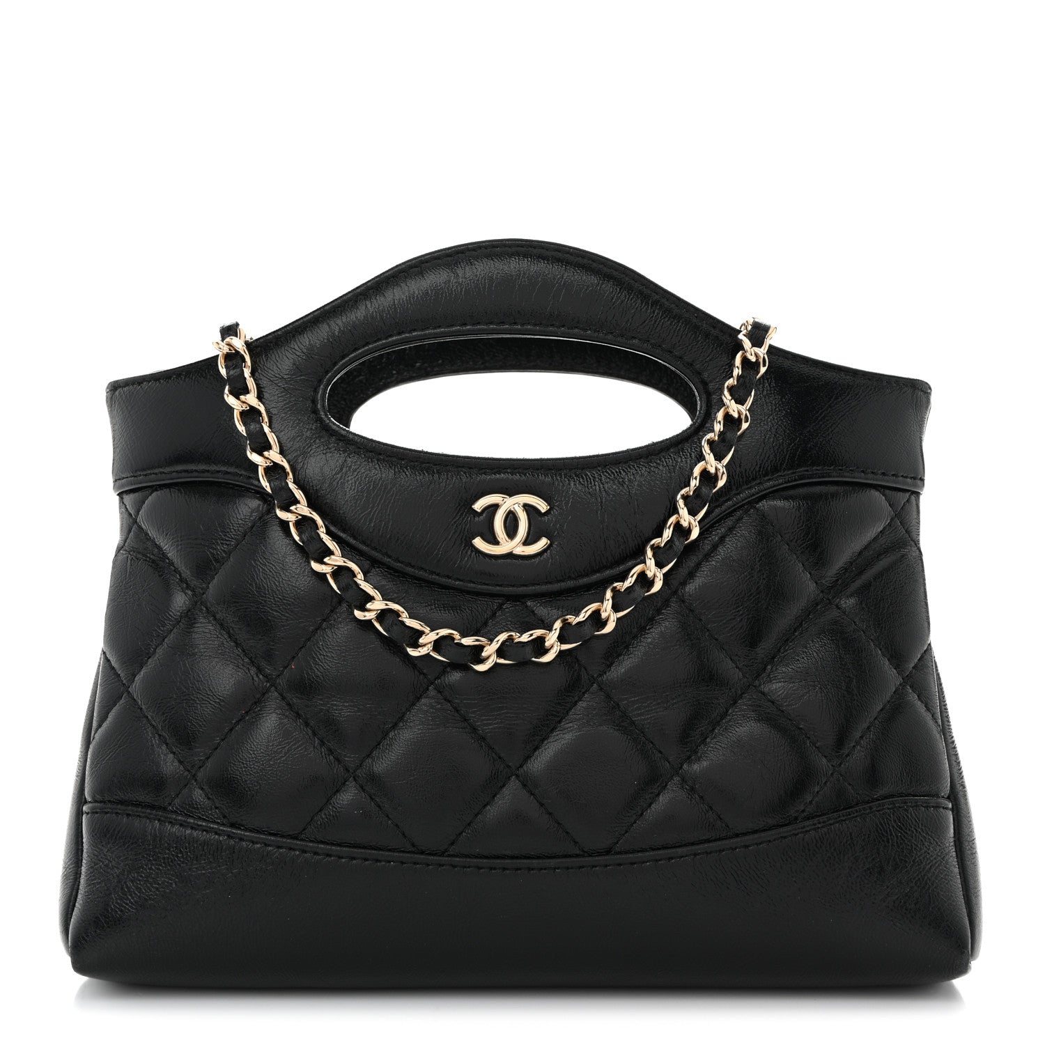 Shiny Crumpled Calfskin Quilted Nano 31 Shopping Bag Black