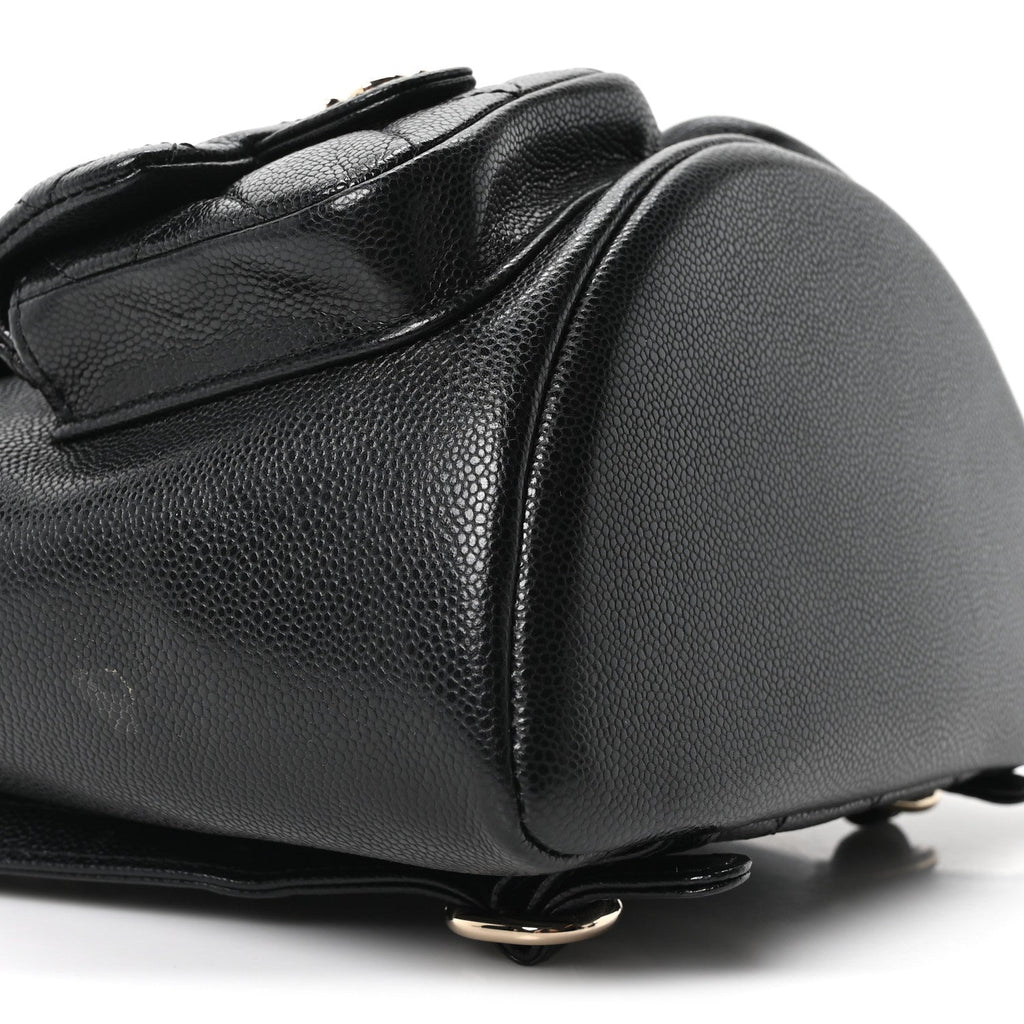 Shiny Caviar Quilted Medium Duma Pockets Drawstring Backpack Black