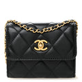Lambskin Quilted Pearl Crush  Holder With Chain Black