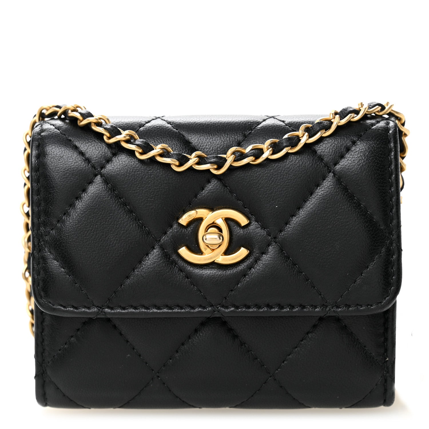 Lambskin Quilted Pearl Crush  Holder With Chain Black