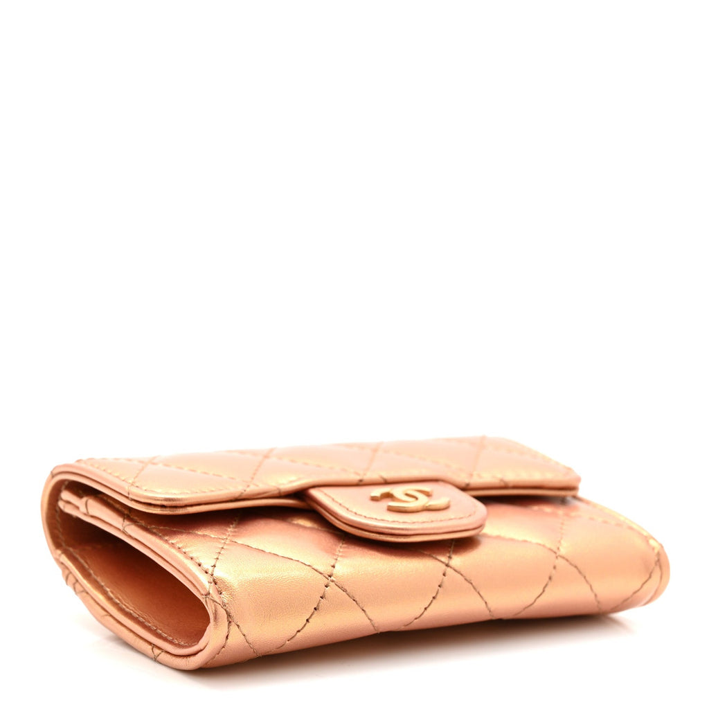 Metallic Lambskin Quilted Flap  Holder Wallet Golden