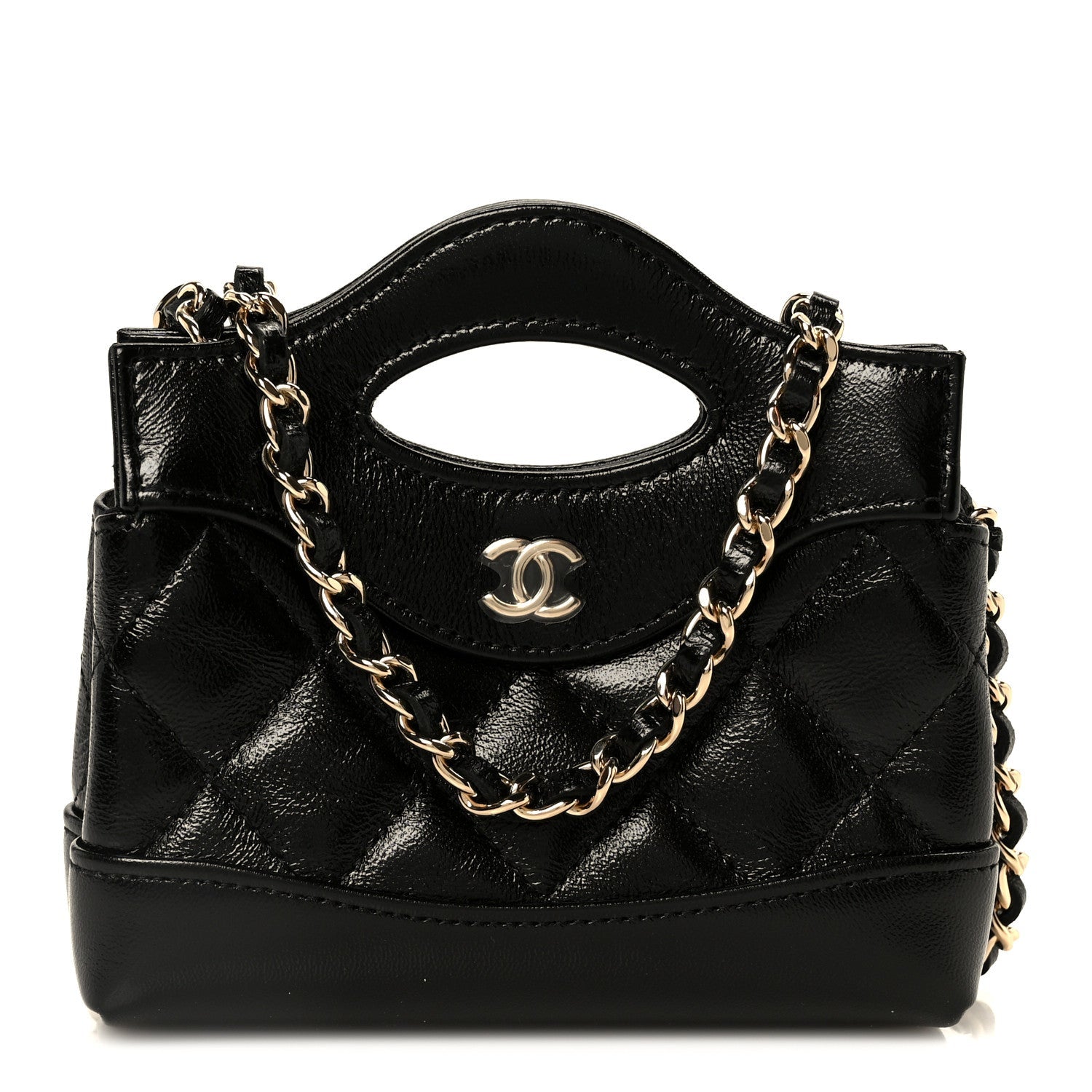 Shiny Lambskin Quilted Micro 31 Clutch With Chain Black