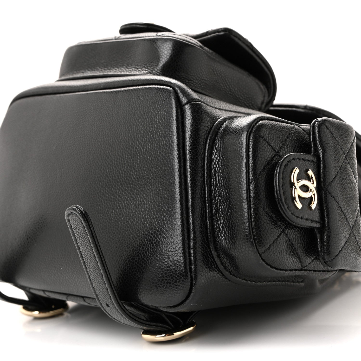Shiny Caviar Quilted Small Duma Pockets Drawstring Backpack Black