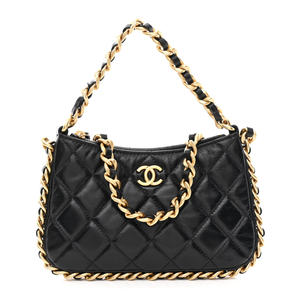 Lambskin Quilted Chain Around Top Handle Mini Bag Black