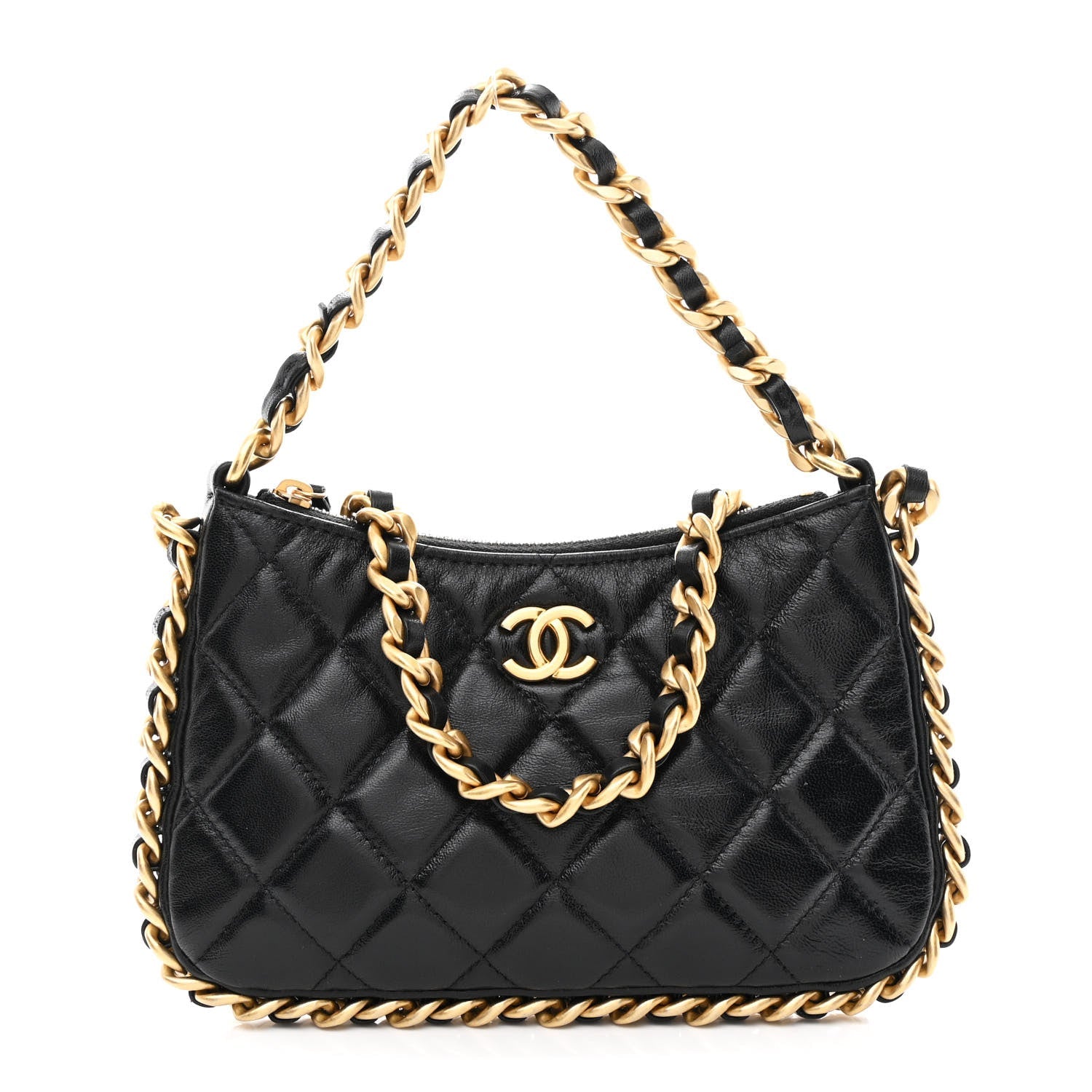 Lambskin Quilted Chain Around Top Handle Mini Bag Black