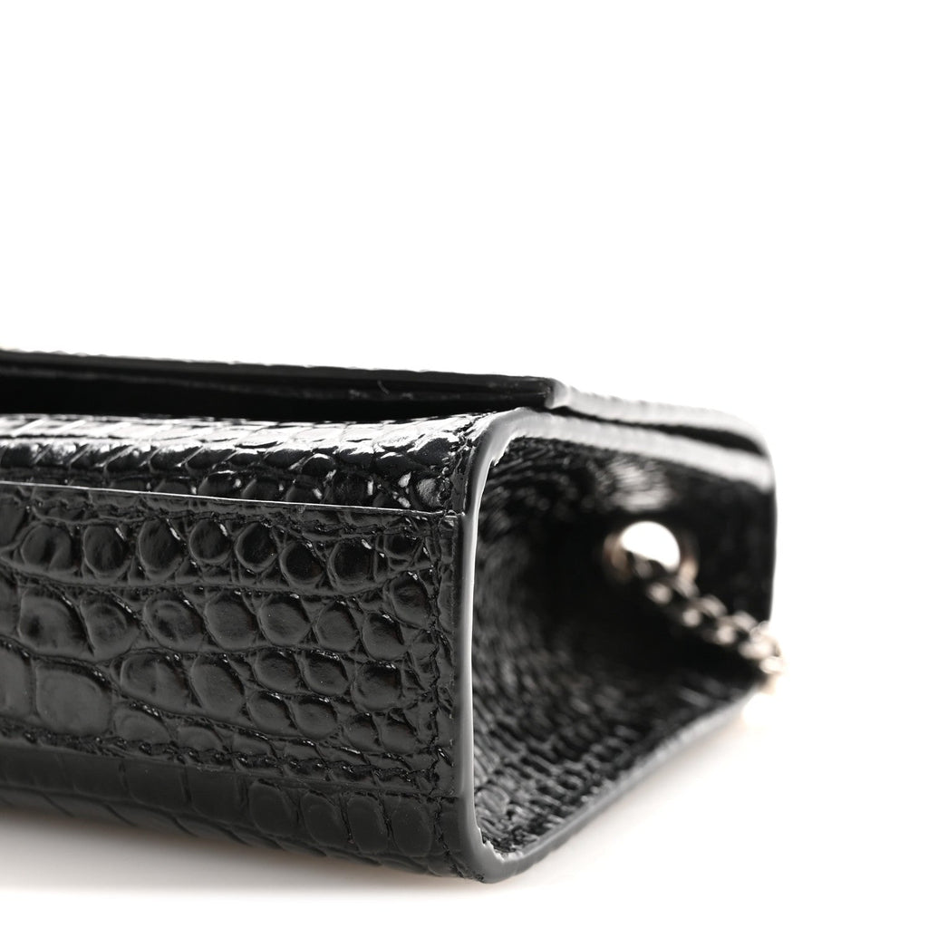 Calfskin Crocodile Embossed Small Classic Monogram Kate Tassel Satchel Black