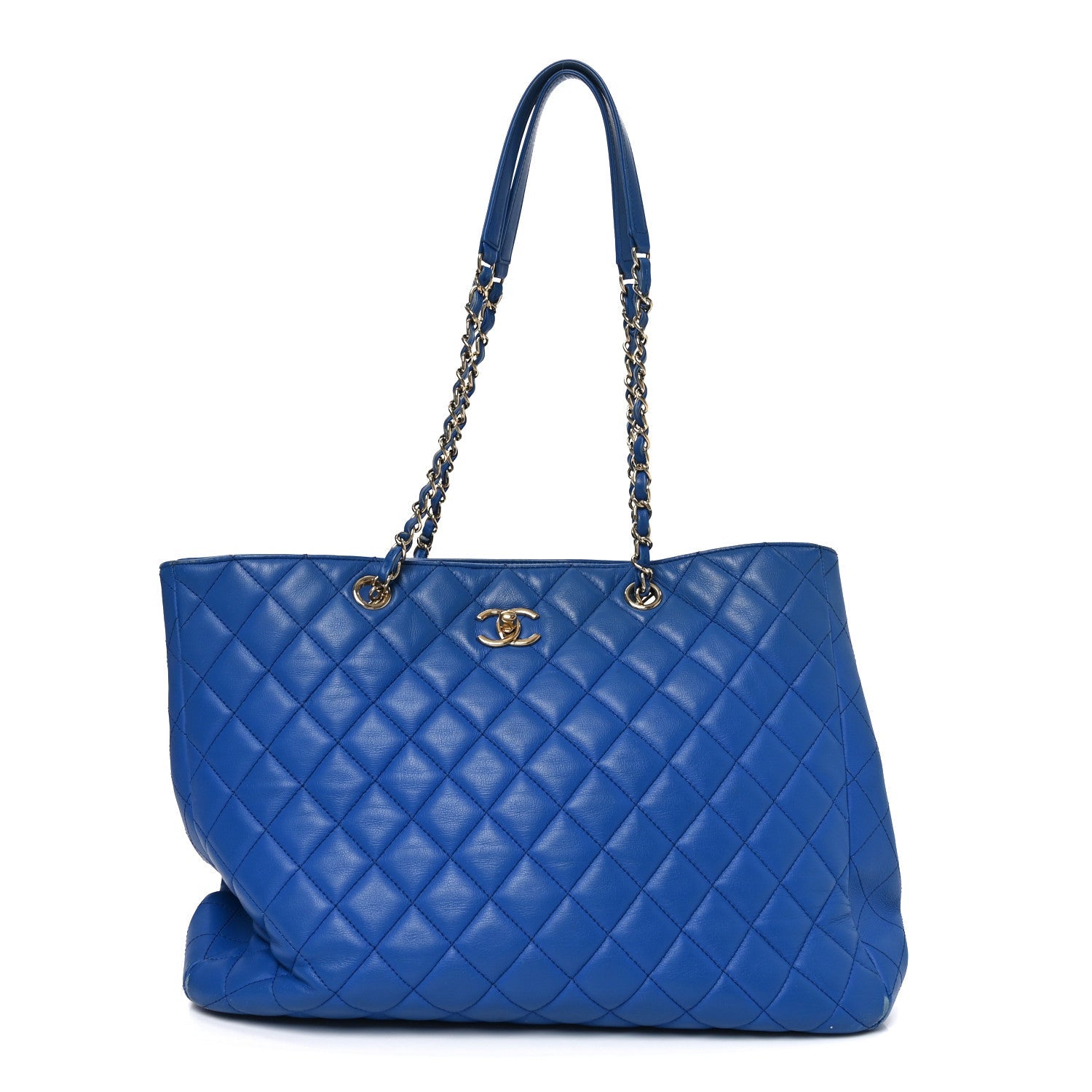 Calfskin Quilted Large CC Shopping Tote Blue