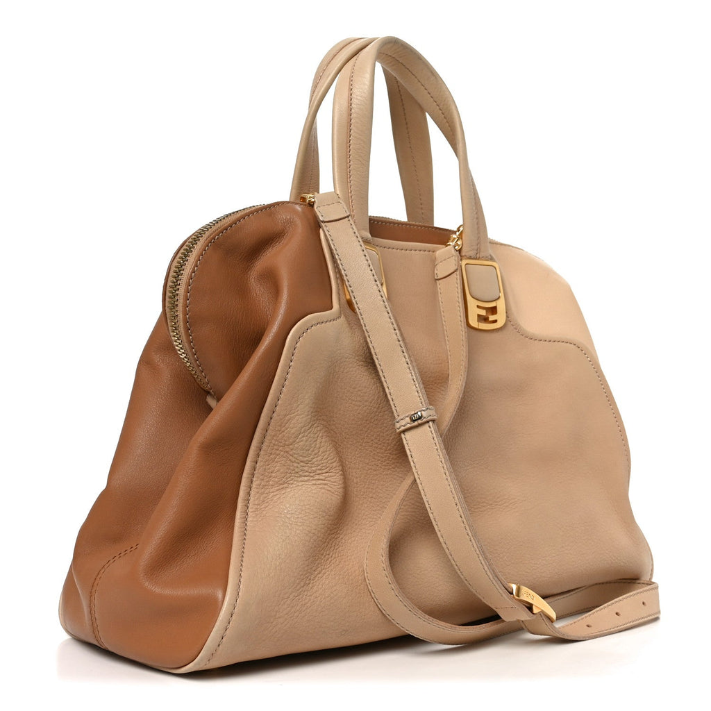 Capra Vitello Dolce Marmol Colorblock Large Chameleon Tote Cipria Makeup Camel