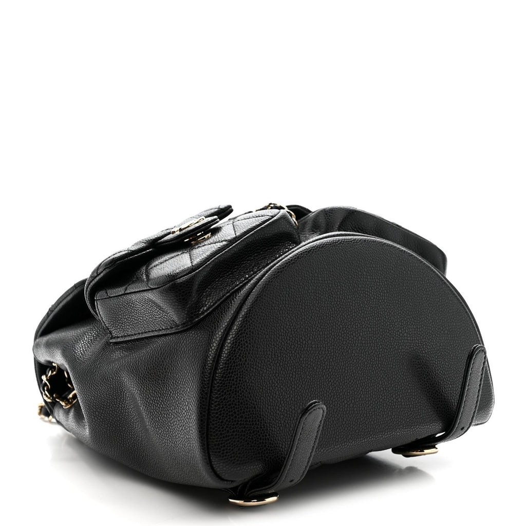 Shiny Caviar Quilted Medium Duma Pockets Drawstring Backpack Black