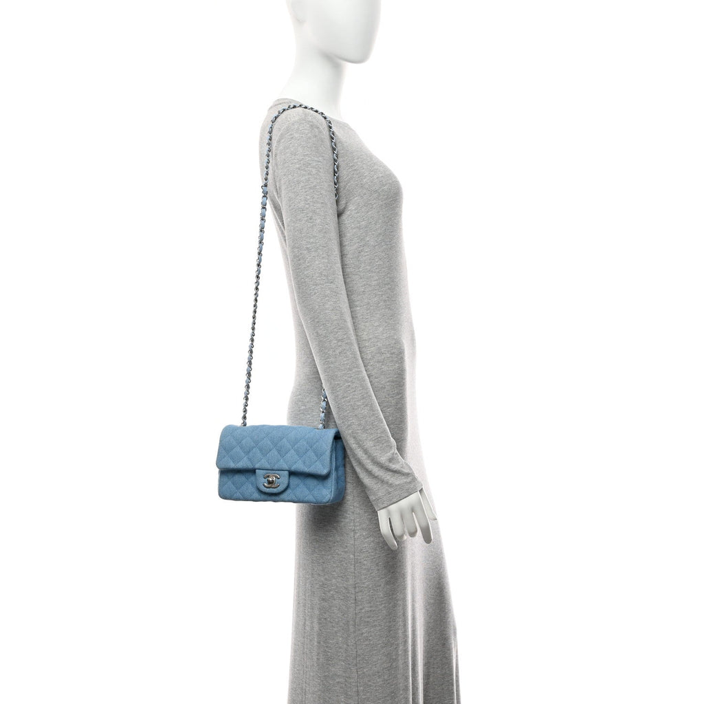 Denim Quilted Mini Rectangular Flap Blue