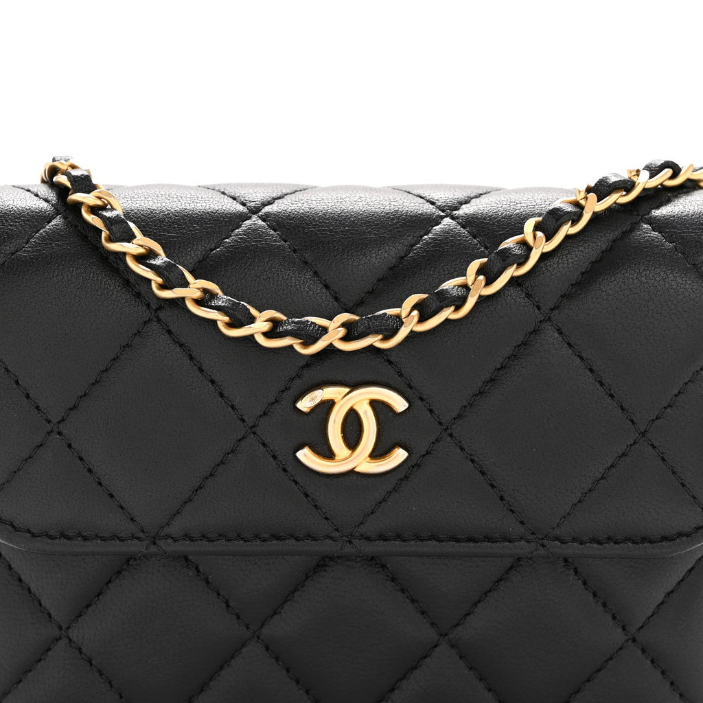 Lambskin Quilted Pearl Crush Flap With Chain Black