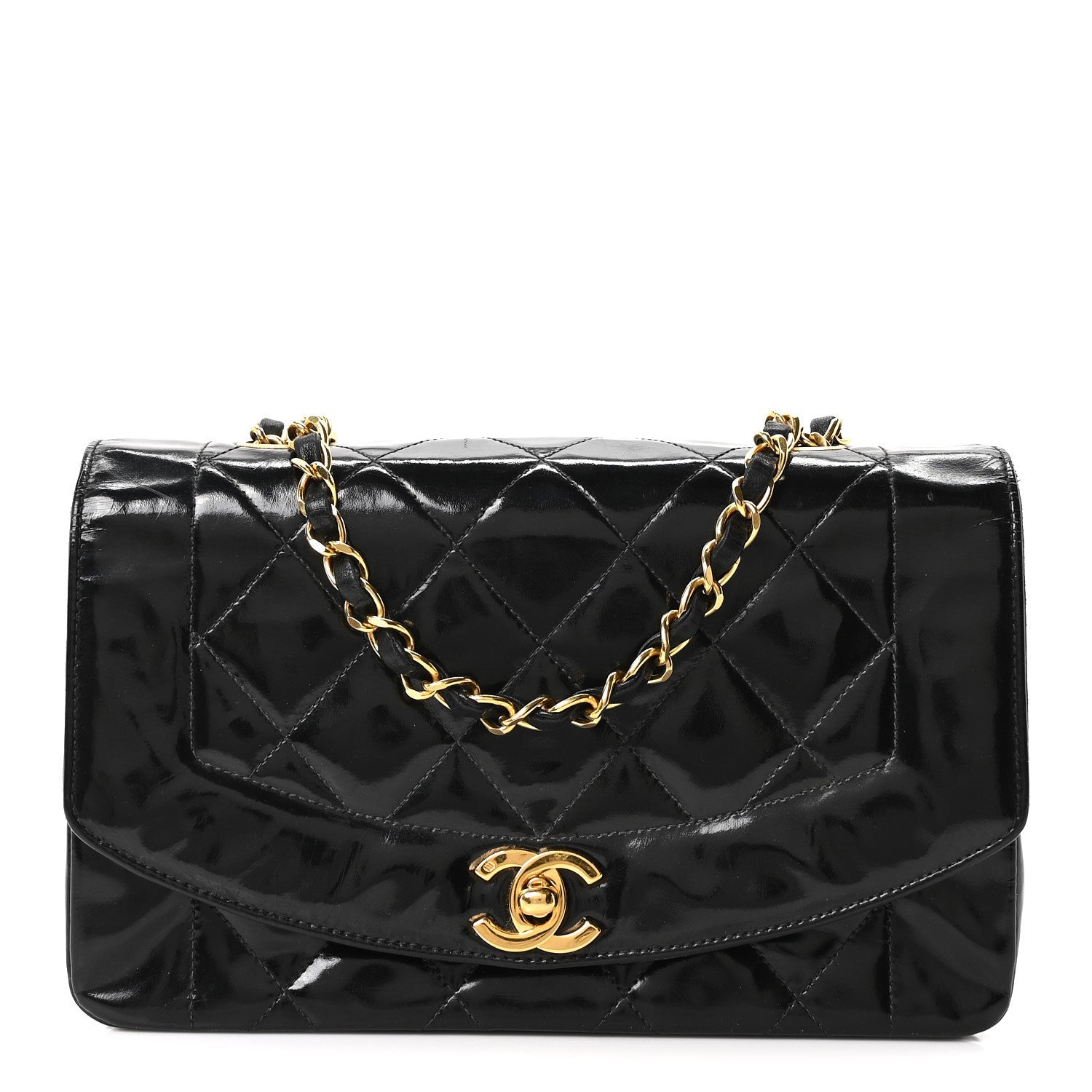 Patent Quilted Small Diana Flap Black