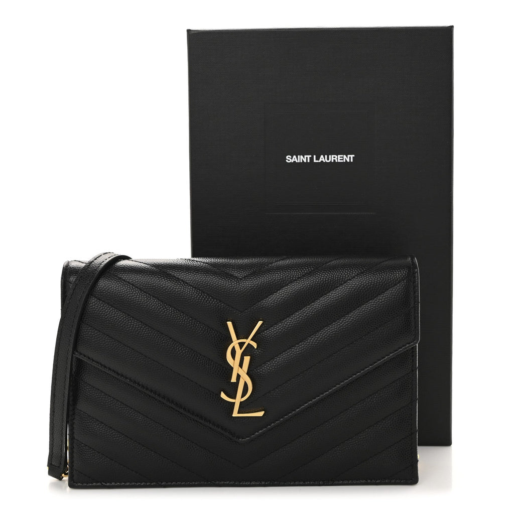 Grain De Poudre Matelasse Chevron Monogram Envelope Chain Wallet Black