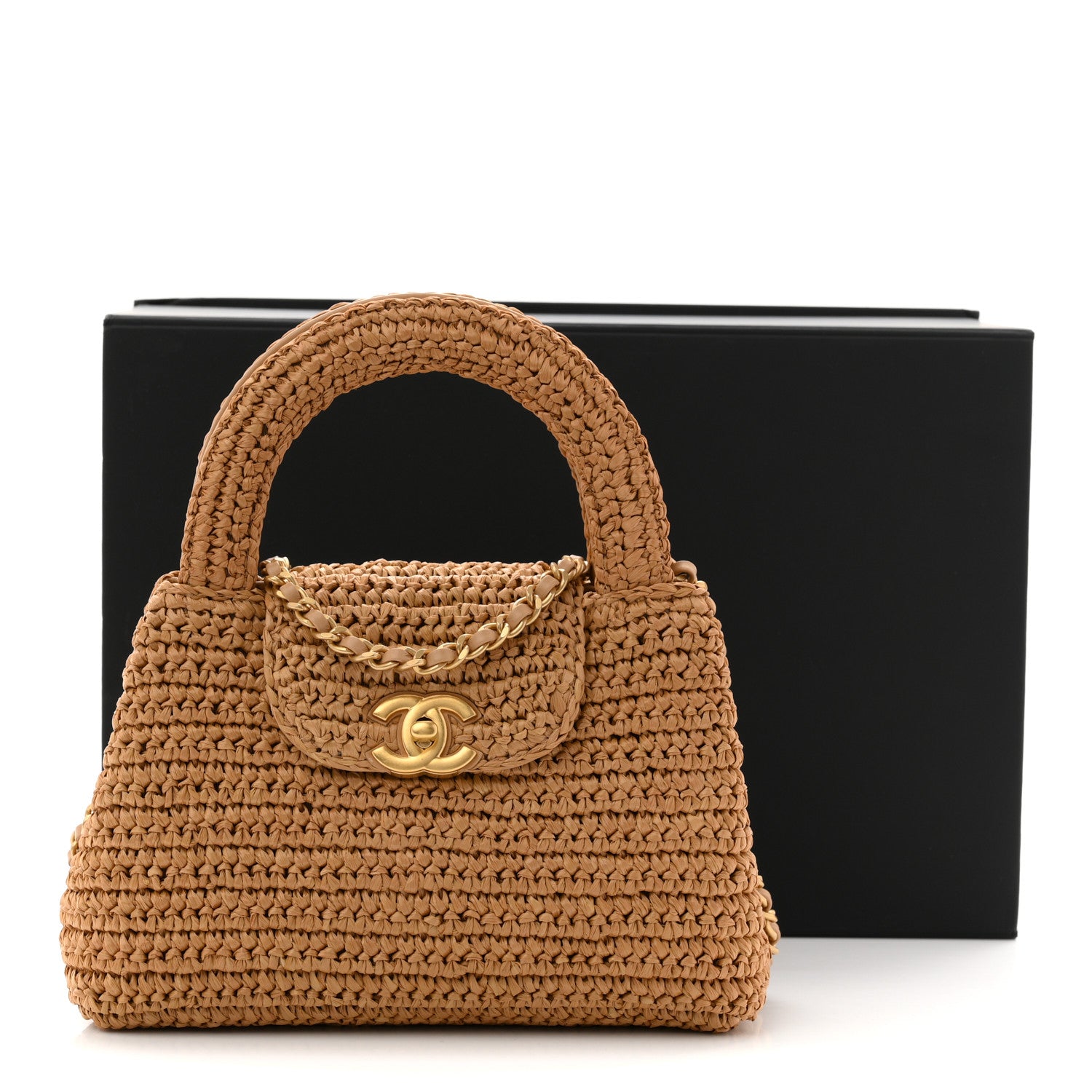 Braided Raffia Nano Kelly Flap Bag Dark Beige