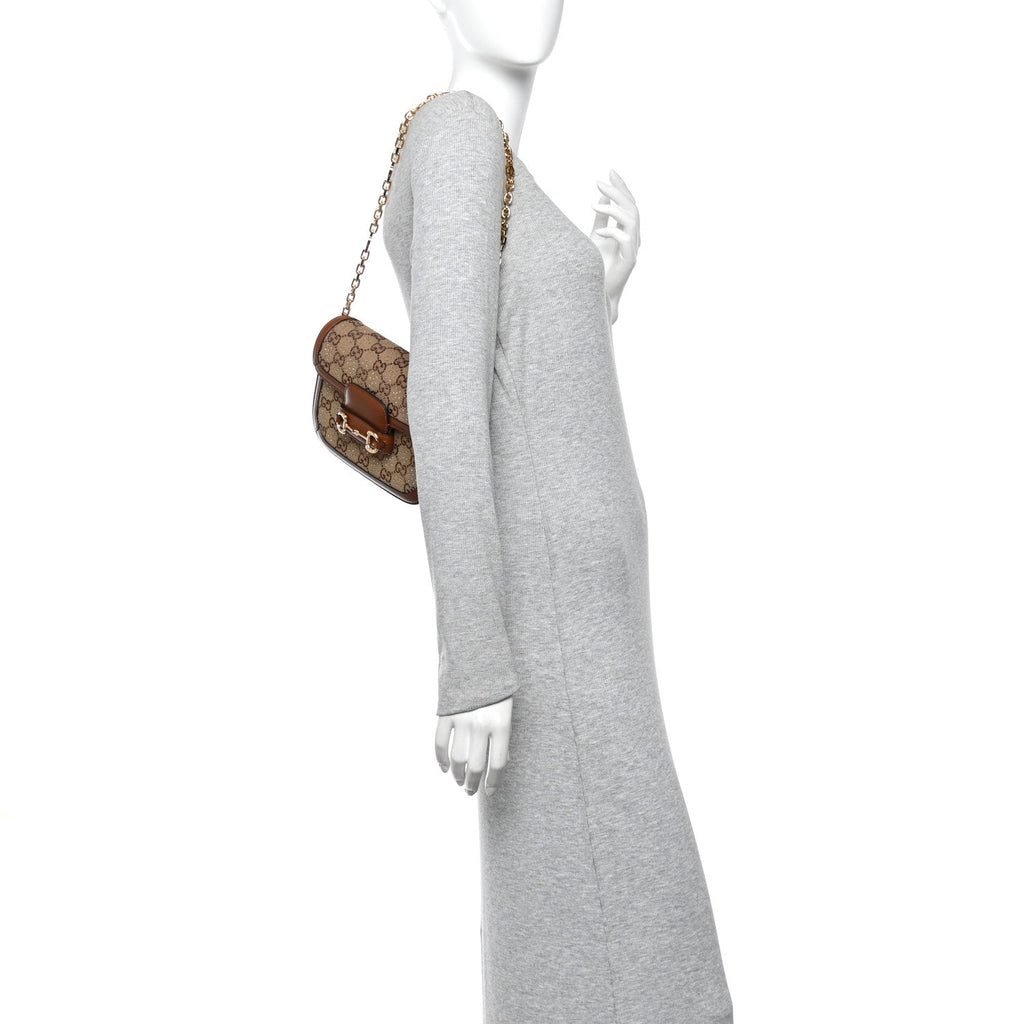 New Canvas Charisma Calfskin Crystal GG Monogram Mini Horsebit 1955 Shoulder Bag Camel Ebony