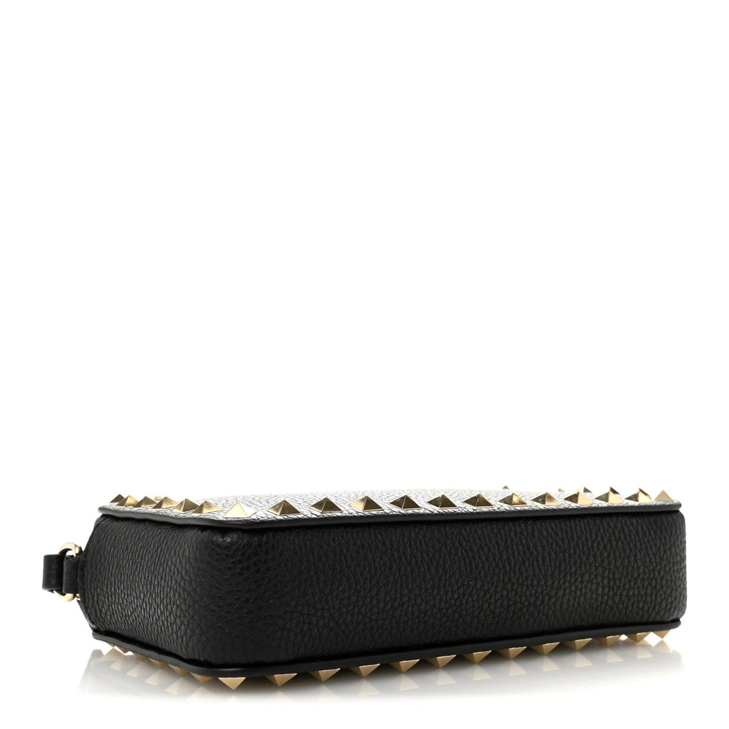 Pebbled Calfskin Rockstud Wristlet Zip Pouch Black