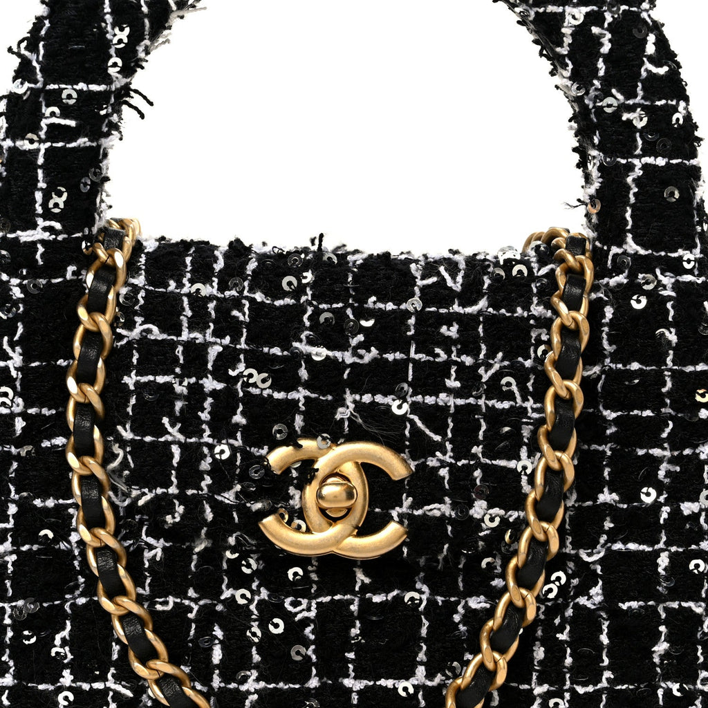 Tweed Quilted Nano Kelly Shopper Black White