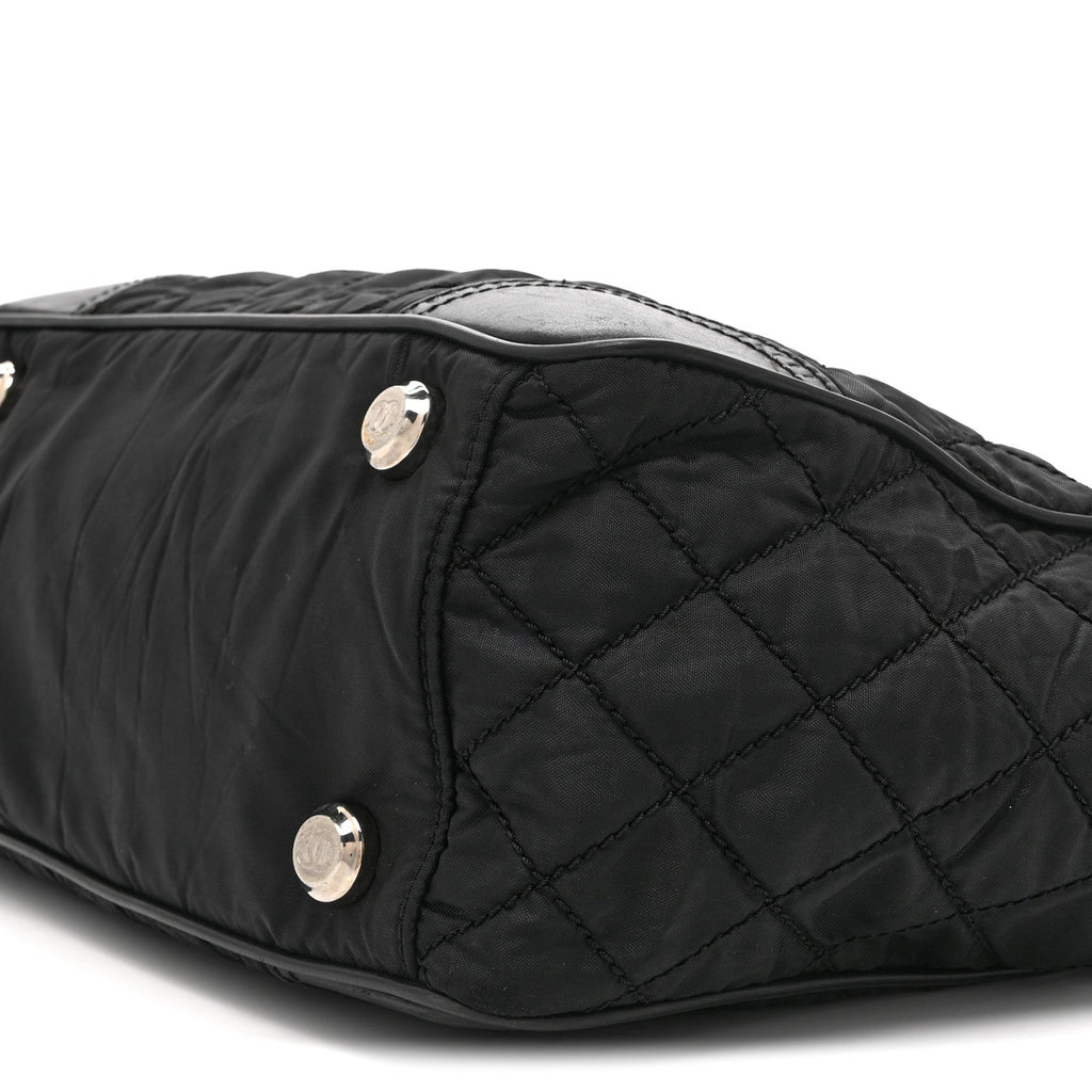 Nylon Calfskin Quilted CC Paris New York Tote Bag Black