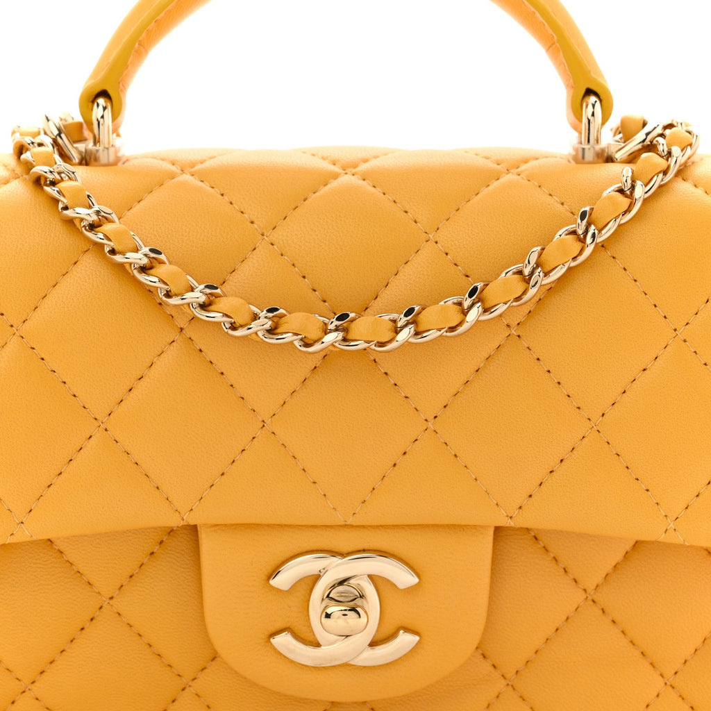 Lambskin Quilted Mini Top Handle Rectangular Flap Yellow