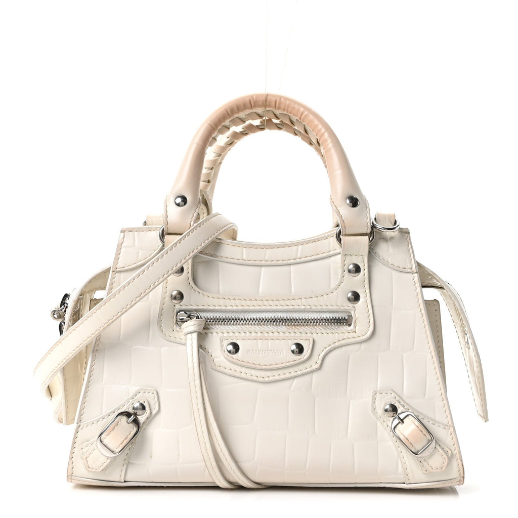 Semi Shiny Calfskin Crocodile Embossed Neo Classic Silver Hardware Nano City Crossbody White