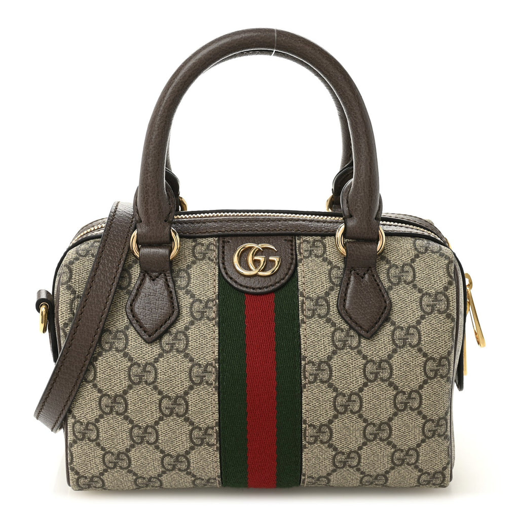 GG Supreme Monogram Textured Dollar Calfskin Web Mini Ophidia Top Handle Bag Beige Ebony New Acero