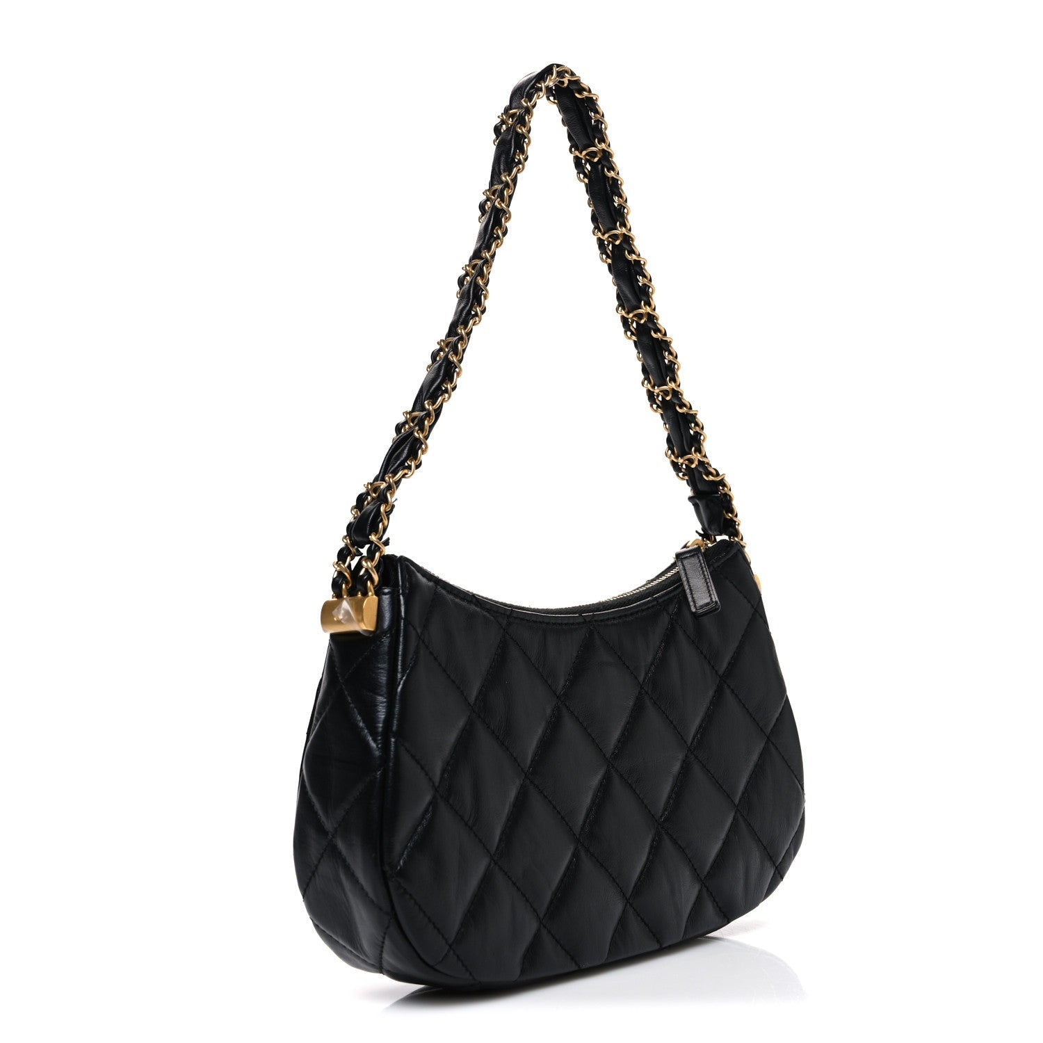 Crumpled Calfskin Quilted Braided CC Small Hobo Black