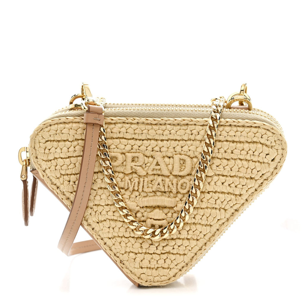 Raffia Calfskin Crochet Logo Embroidered Mini Triangle Crossbody Pouch Naturale